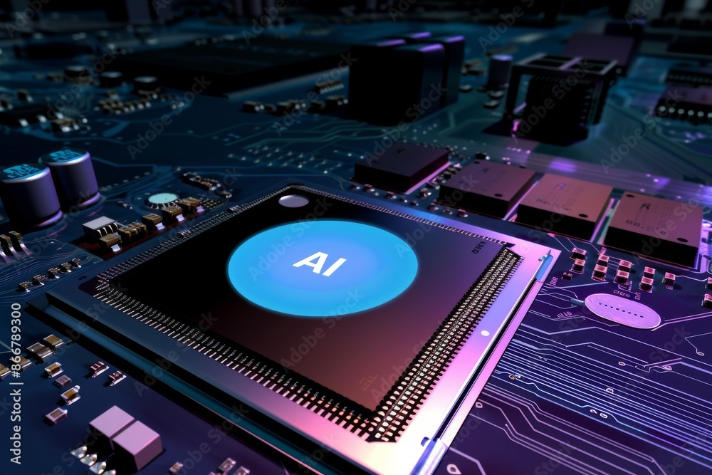 AI chip on motherboard with glowing connections, digital transformation ...