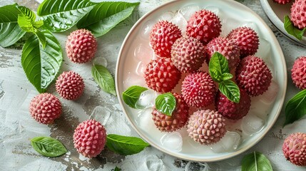  A white plate featuring raspberries sits beside a bowl of ice, with green foliage atop the table