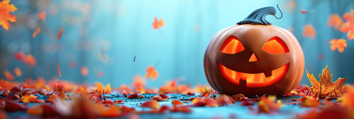 Wall Mural - 3D Rendered Cute Jack O'Lantern on Maple Leaves. Autumn Holiday. Halloween's Day Concept. Halloween Pumpkin Lamp. Spooky Themed. Advertisment Banner Background with Copy Space
