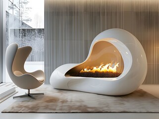 Wall Mural -  A white organic fireplace and chair next to it ai generative