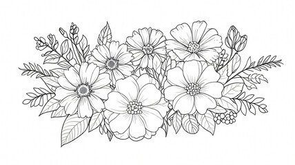  coloring anti-stress botanical book page with outlined flowers and plants