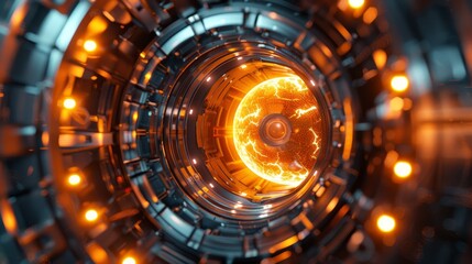 Futuristic fusion reactor core,high-tech energy concept with control panels,data displays,and copy space surrounding the powerful,innovative technology.