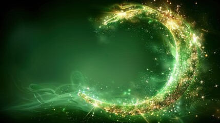 Wall Mural -   A golden and green abstract background features a crescent shape in its center, surrounded by twinkling stars