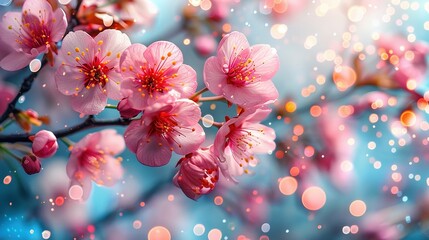Wall Mural -    a pink flower on a branch with blurred lights and a blue sky background