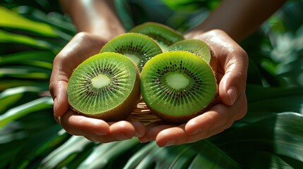 Wall Mural -   A person holds a kiwi with a plant in the background