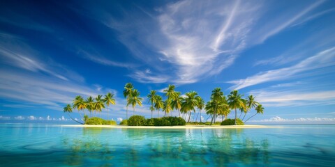 Wall Mural - Tropical Island with Palm Trees. Tropical island with palm trees surrounded by clear blue water under a bright sky.