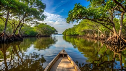 Blick aus Einbaum auf Mangrovenlandschaft in der Casamance, Senegal