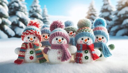 Poster - Little knitted snowmans on soft snow