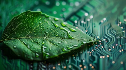 Canvas Print - Sustainable green technology concept featuring a leaf with circuit elements integrated,leaving copy space at the top for text or design. Represents the idea of clean.