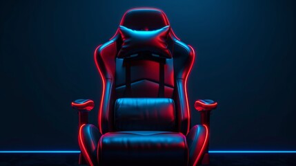 Modern black and red gaming chair with neon blue background