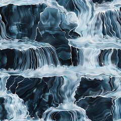 Aufkleber - Seamless pattern depicting a waterfall flowing down on dark rocks in shades of blue, ideal for creating a dramatic and elegant ambiance