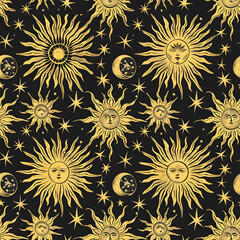 Aufkleber - Seamless pattern featuring ornate golden suns, moons, and stars on a black background, evoking a sense of celestial wonder