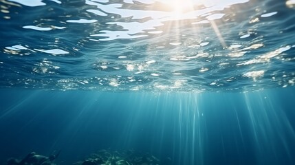 Sunlight illuminating the clear blue ocean surface and depths with gentle waves in summer