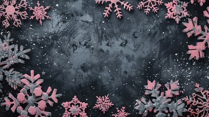 Unique Christmas backdrop featuring pink snowflakes on dark gray background with space for text