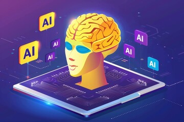 Wall Mural - AI digital brain on tablet, digital transformation, tech innovation, artificial intelligence, advanced computing, high tech, cybernetics, smart solutions, futuristic, glowing