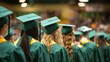 © Dinara - A group of students wearing green graduation caps and gowns are sitting in a stadium. The students are facing away from the camera.
