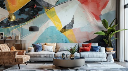 Poster - modern living room interior with abstract painting on the wall, gray sofa, brown leather armchair, c