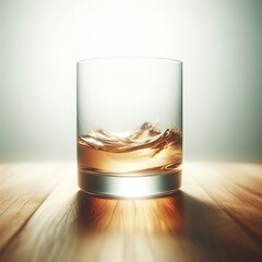 A clear glass of alcohol on a wooden surface, illuminated by warm light, highlighting simplicity