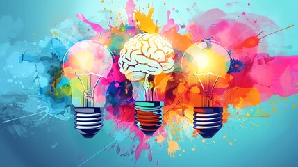Poster - A creative concept with a light bulb and a brain. The image is full of vibrant colors and has a painterly feel.