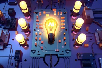 Wall Mural - AI circuit board with glowing bulb, digital transformation, tech innovation, artificial intelligence, advanced computing, high tech, cybernetics, smart solutions, futuristic