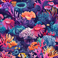 Poster - Vibrant coral reef pattern filled with marine life, ideal for ocean enthusiasts