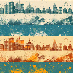 Aufkleber - Repeating cityscape pattern with grunge texture and color tones, ideal for backgrounds and urban design projects