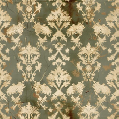 Poster - Seamless damask pattern repeating on grunge weathered wall, ideal background for vintage and retro designs