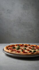 Canvas Print - Freshly Baked Pepperoni Pizza With Basil on a White Countertop