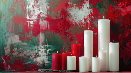 Canvas Print - Red and white festive candles against a backdrop of red and green textures