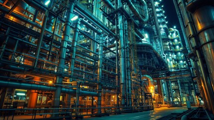 Industrial plant with extensive piping systems and chemical processing units, showcasing the infrastructure and scale of chemical manufacturing 
