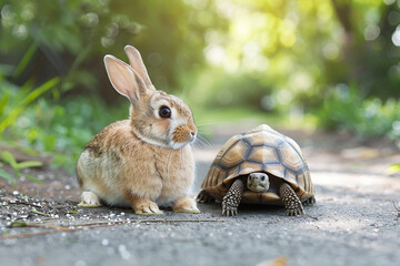 A rabbit and a tortoise sit together on a path, creating a charming scene. The bright green foliage in the background enhances the playful and contrasting nature of these two animals.