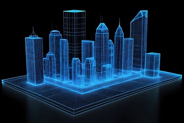 Wall Mural - 3D city hologram. abstract blue wireframe city building on black background.