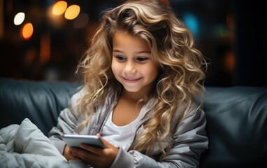 Canvas Print - A young girl with long curly hair is sitting on a sofa and smiling while using her phone. The lighting is warm and the image is taken from a slightly low angle