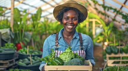 Canvas Print - Female farmer in a greenhouse holding a wooden crate filled with fresh organic vegetables. She is smiling, wearing a straw hat and denim. 