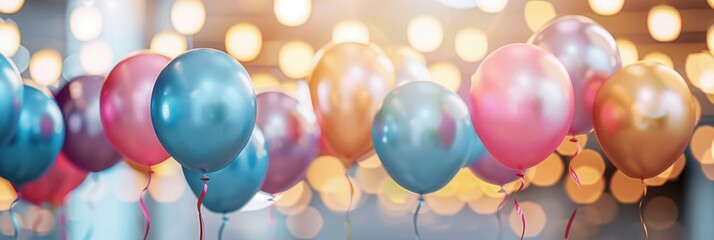 Poster - Balloons in corporate colors decorate an office event. Generative AI