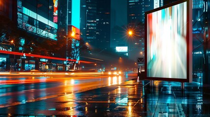 Wall Mural - Urban night street scene with vibrant lights. A glowing billboard stands amidst the hustle of passing traffic. Cityscape is captured with neon reflections on wet pavement. AI