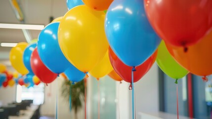 Poster - A row of colorful balloons hangs from the ceiling in an office setting, likely for a special event or celebration. Generative AI