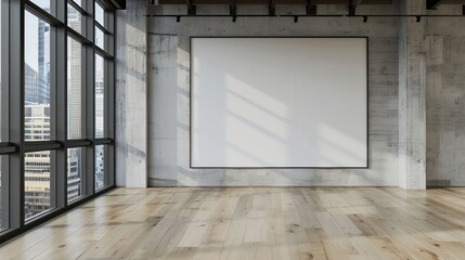 Wall Mural - modern empty loft space with large windows and wooden floors featuring a blank white wall. perfect f