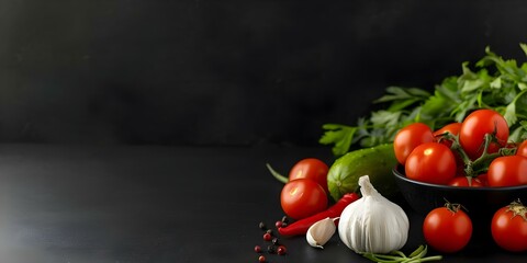 Wall Mural - Kitchen ingredients and vegetables on dark background for health food marketing. Concept Healthy Eating, Food Photography, Marketing Campaign, Dark Background, Kitchen Ingredients