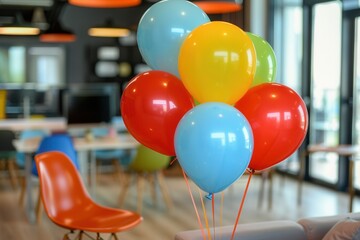 Poster - A cluster of balloons in various colors, including red, yellow, blue, and green, decorate an office event. The balloons are tied together and float in the air. Generative AI