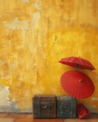 Wall Mural - Two vintage suitcases and two red paper parasols abandoned against a yellow wall. AI.