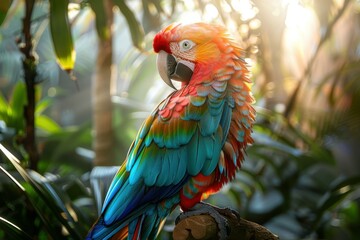 Poster - A brightly colored parrot sits on a branch in a lush green jungle. AI.