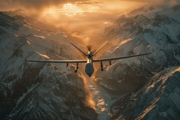 Poster - A military drone flies over a mountain range. AI.