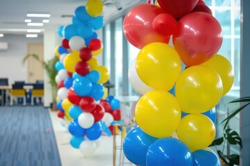 Poster - A cheerful office space decorated with balloons in corporate colors. Generative AI