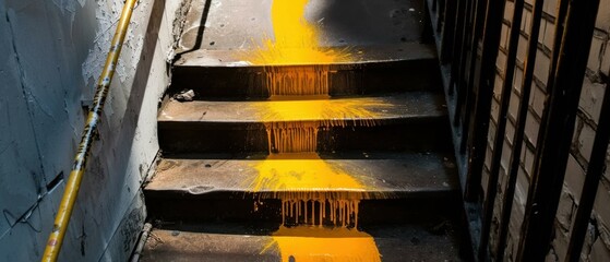 Wall Mural - Bright yellow paint spilled on the steps of a building. AI.