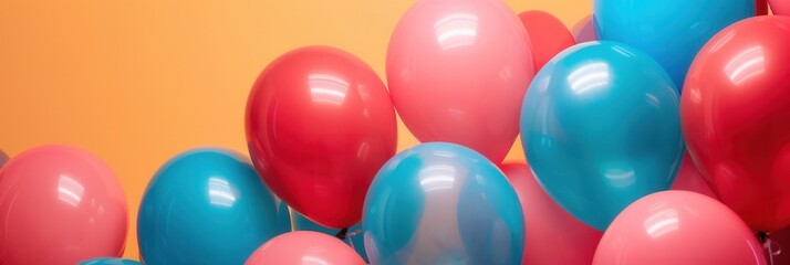 Poster - A cluster of blue and red balloons decorate an office party. Generative AI