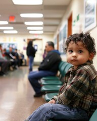 Wall Mural - A young boy sits in a waiting room, looking lost and alone. AI.