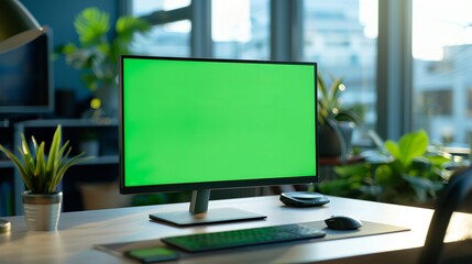 Aufkleber - Modern office desk setup with computer featuring green screen. Clean and minimal style. Perfect for workspace concepts, tech, and business themes. Bright and airy environment. AI