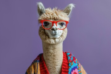 An alpaca wearing red eyeglasses and a colorful sweater vest. AI.