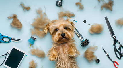 Top view of a small golden terrier resting on a dog groomer table surrounded by hair and grooming tools like scissors, brush and a razor